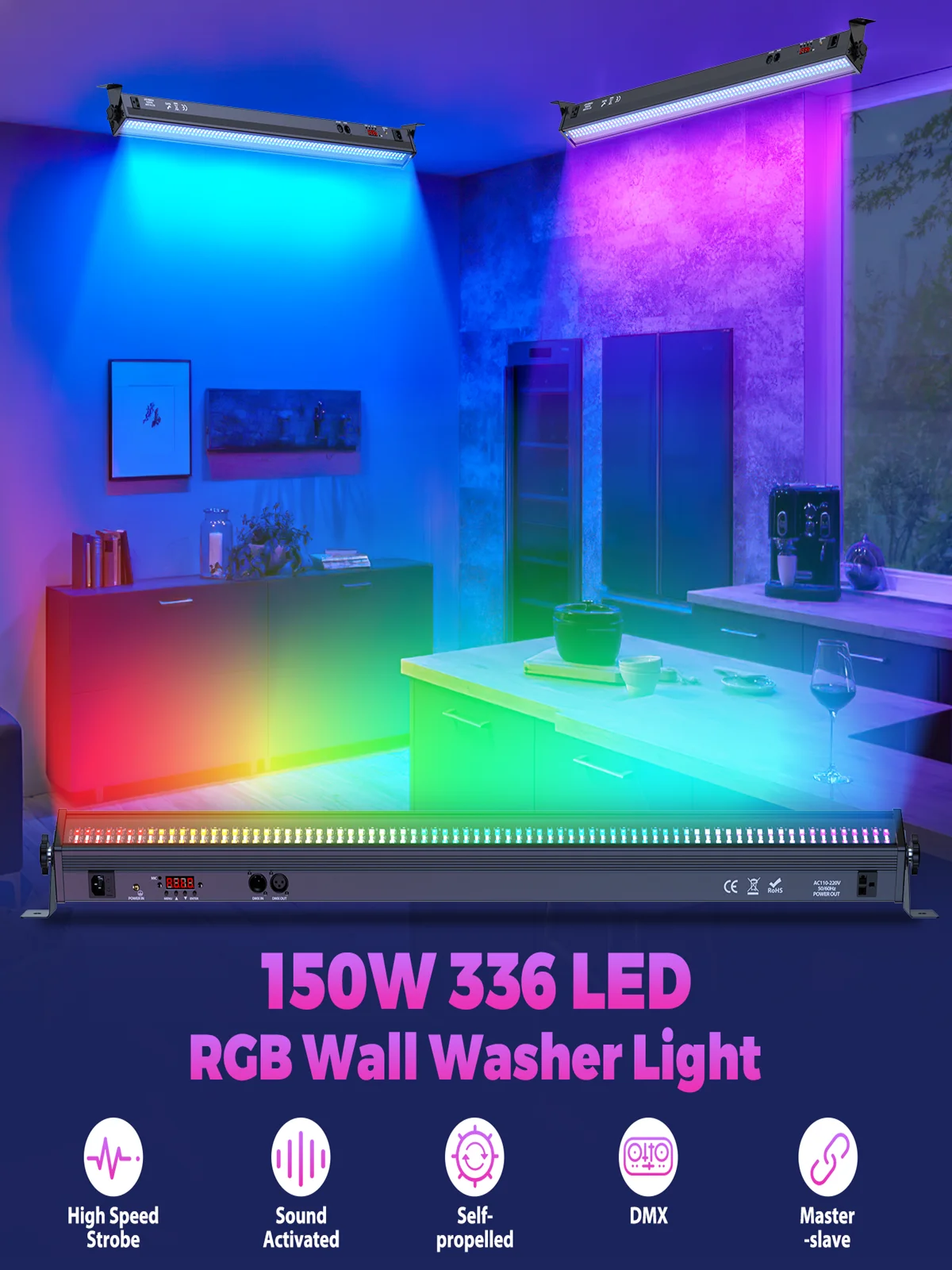 Yiflamefly 4er-Set 150W 336-RGB LED Wall Washer Lichtleiste Hochgeschwindigkeits-Stroboskop-Bühnenlicht DMX DJ-Licht für Nachtclub, Hochzeit, Party, KTV, Bar