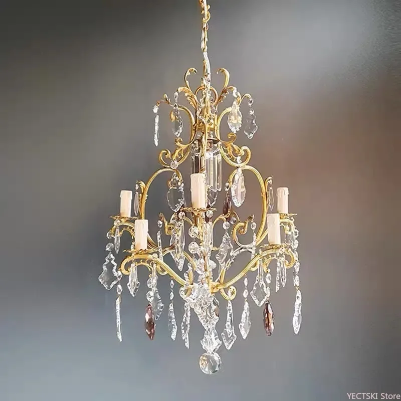 GHJUYIOL Brass retro exquisite French crystal lamp American bedroom dining room staircase beautiful lighting fixture