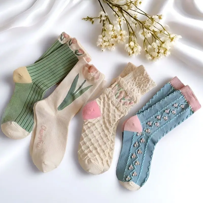 1/4 Pairs Women Floral Geometric 3D Textured Socks Cute Lucky Pattern Mid Calf Ankle Socks Casual Fashion Socks Set