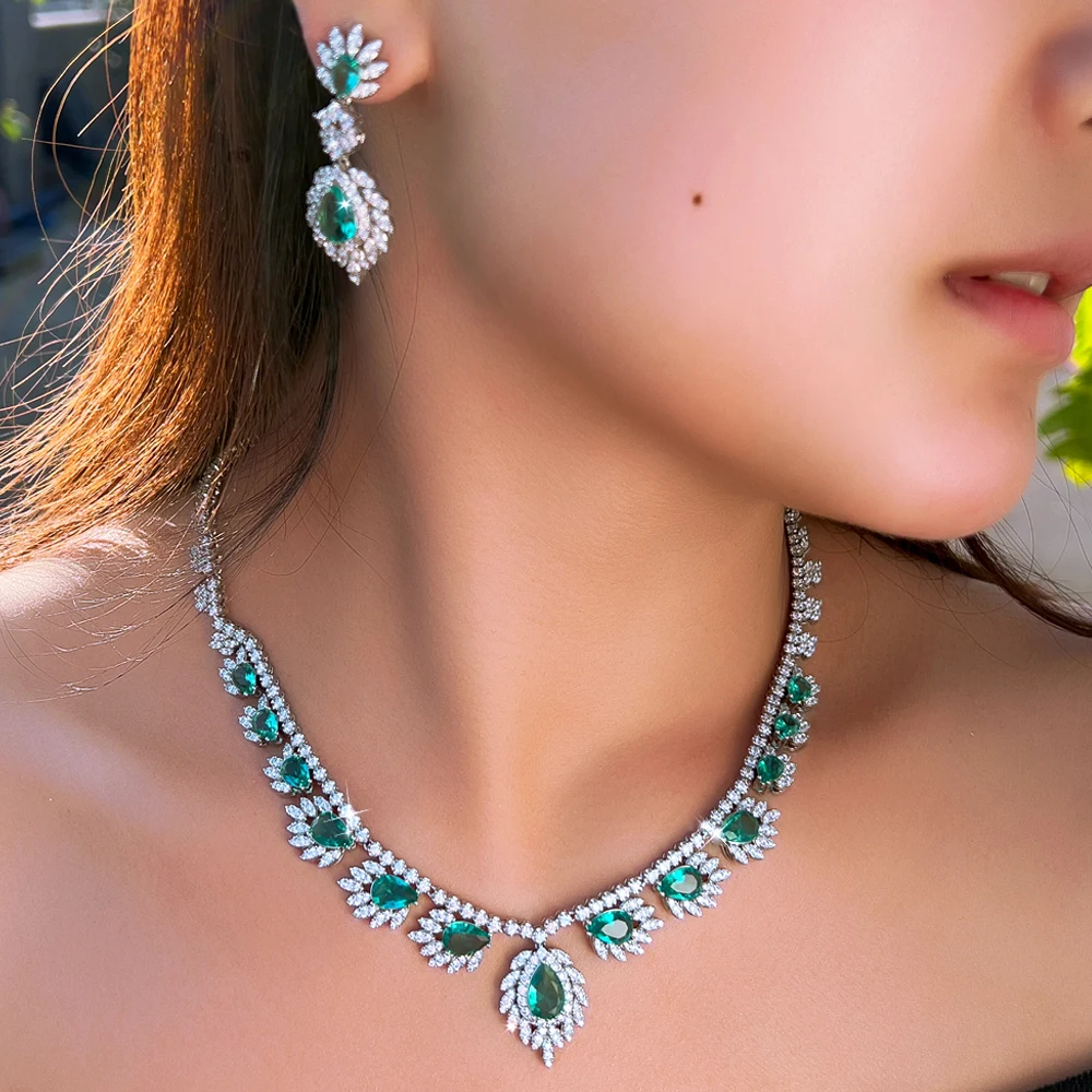 ThreeGraces Vintage Shiny Green Zirconia Elegant Water Drop Earrings Necklace Bridal Wedding Party Jewelry Set for Women T1061