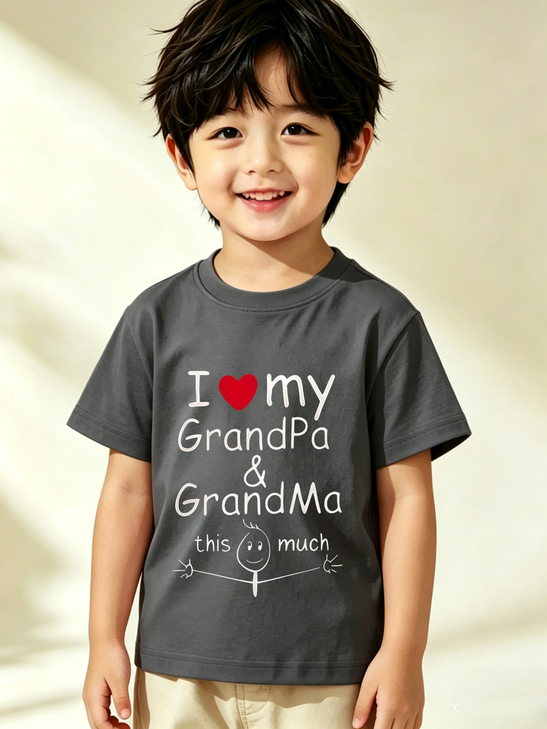I Love My Grandpa&grandma This Much New Letter Printed Pattern Children's Fashionable Cute Casual Short Sleeved T-shirt