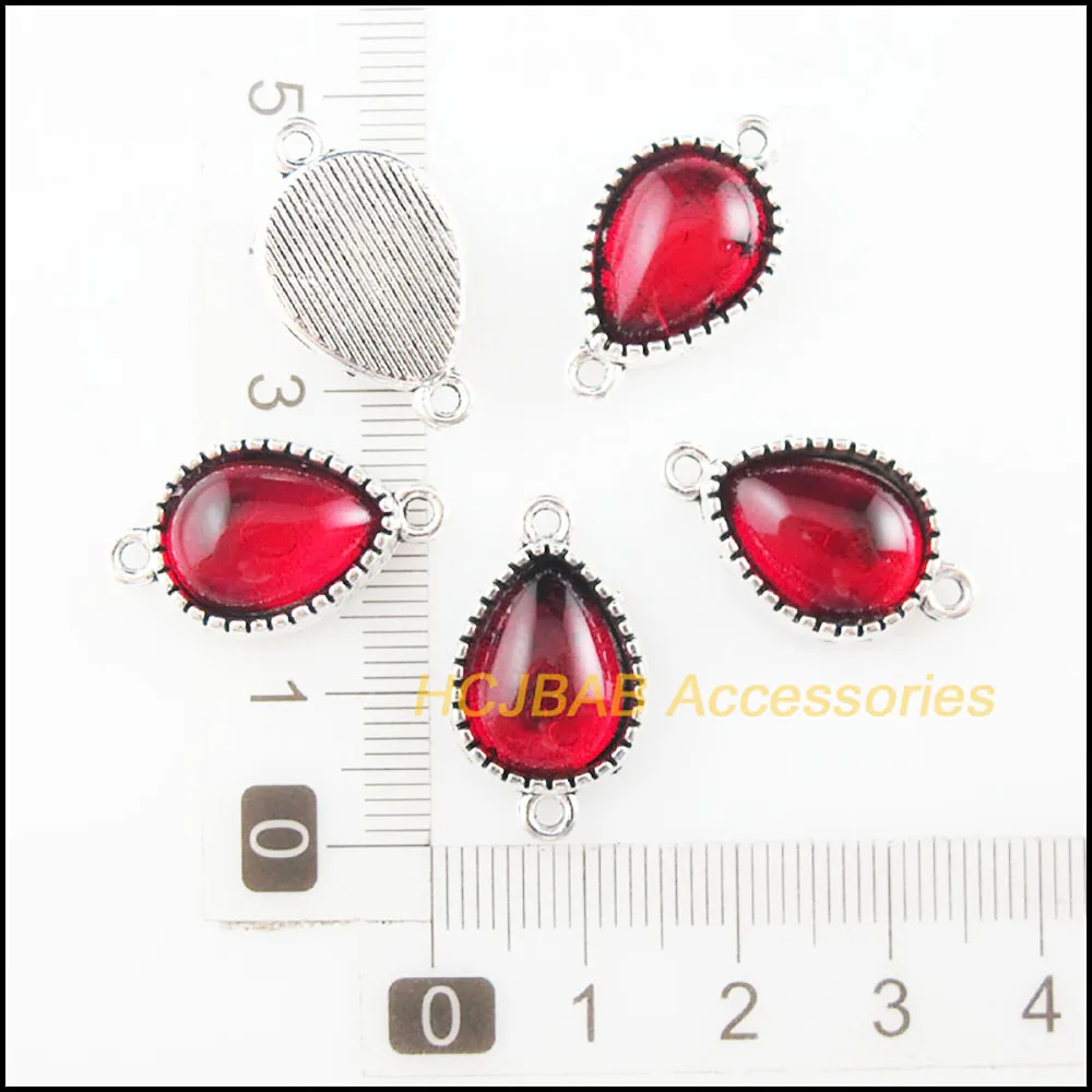 8Pcs Tibetan Silver Tone Flower Teardrop Red Glaze Charms Connectors 13x23mm HCJBAB