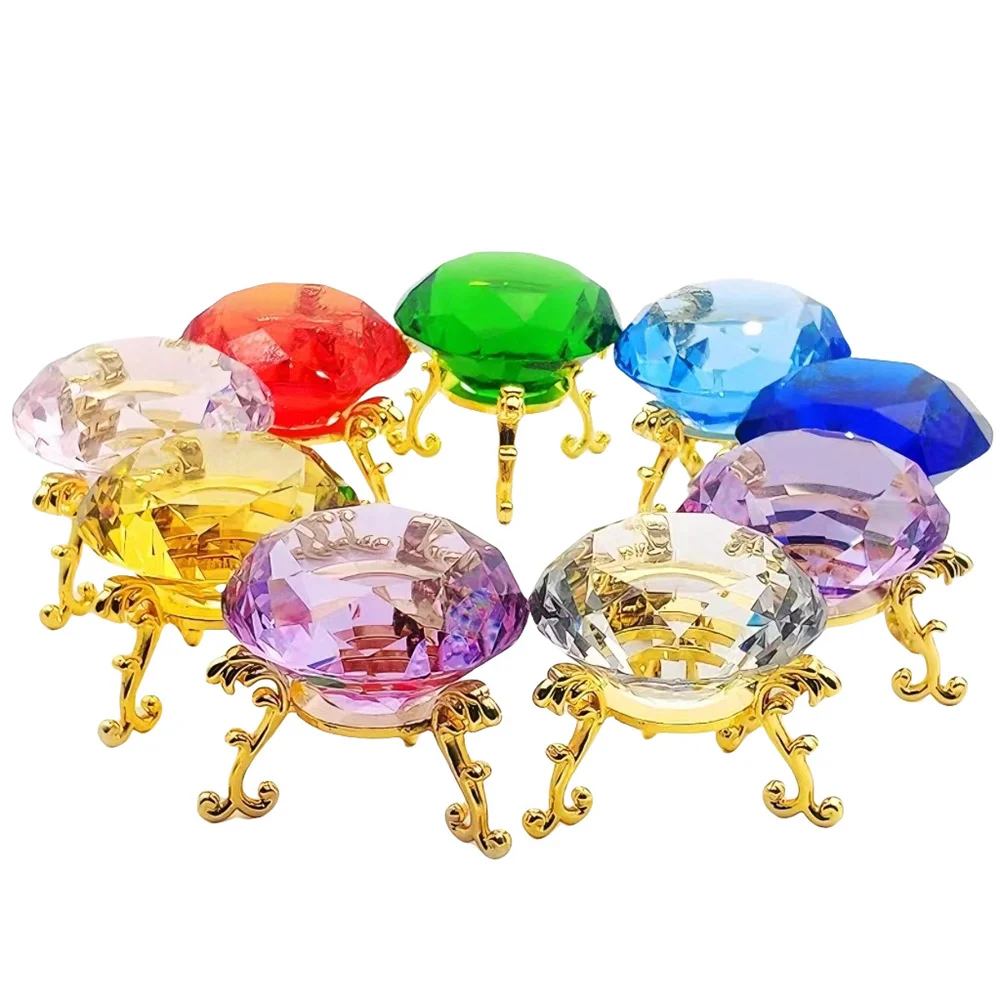 80mm K9 Crystal Diamond With Metal Triangle Stand Glass Paperweight Exquisite Display Craft Ornament