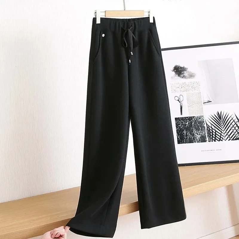 

Soft Woolen Female's Pantalones Autumn Winter New Draping Wide-Leg Thin Mop Trousers Draw Rope Straight Pants Cothes For Women