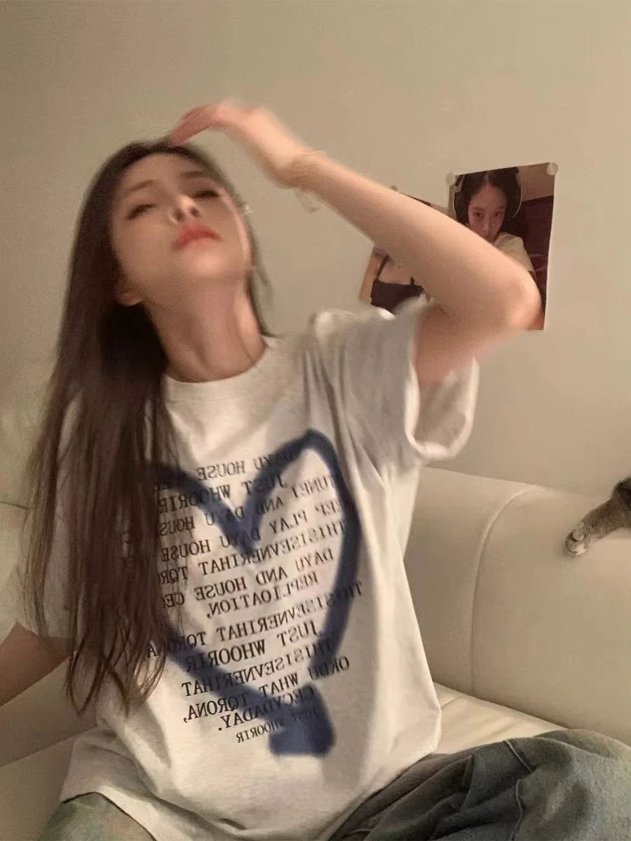 Koreańska Wyprzedaż Lato Nadruk Liter Okrągły Dekolt Krótki Rękaw T-shirt Damski 100% Czysta Bawełna Casual Modny Top