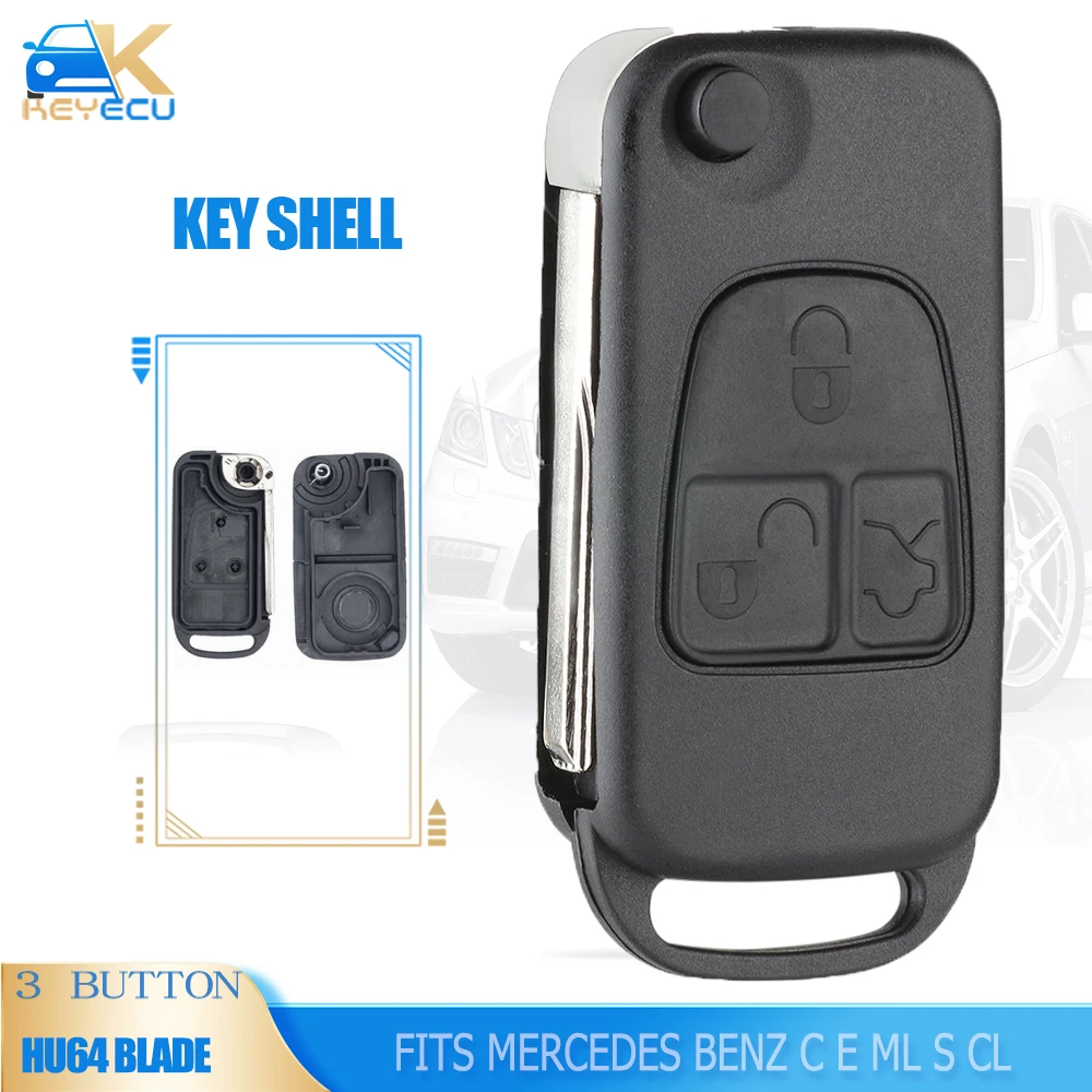 KEYECU 3 Button Flip Remote Car Key Shell Case Fob Suitable for Mercedes Benz C E ML S CL HU64 Blade