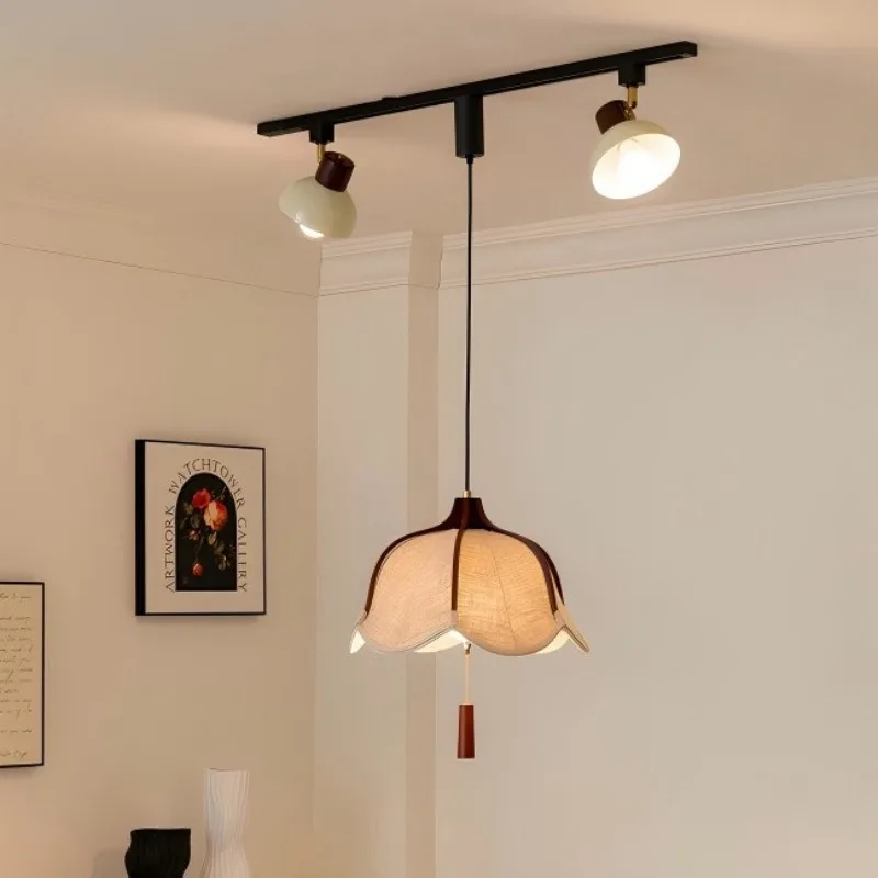 Vintage Adjustable Track Fabric Pendant Light for Dining Room Bedroom Study French Rustic Chic Lampshade Decorative Ceiling