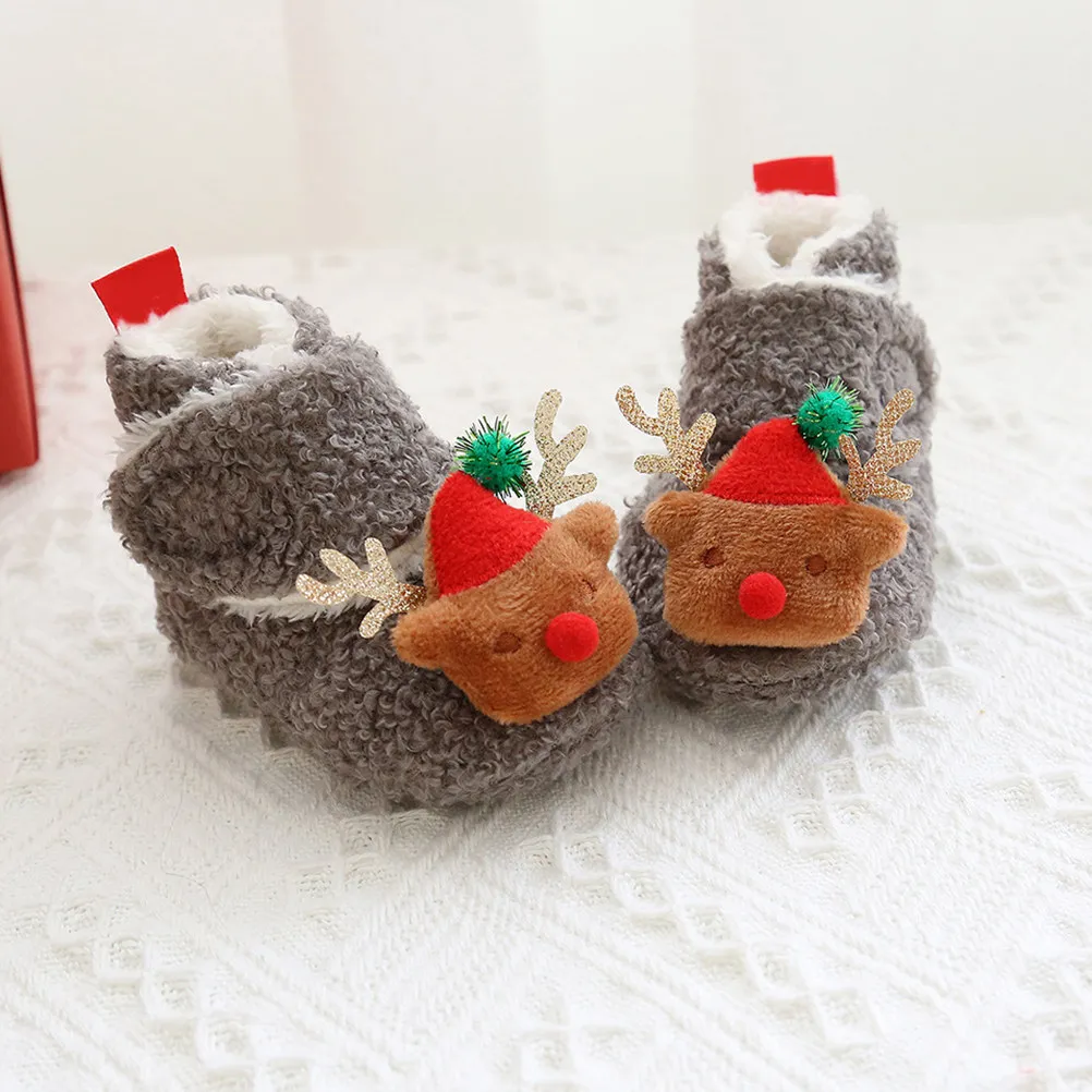 1 Pair Cozy Toddler Booties Warm Cotton Sole Shoes Non-Slip Soft Bottom For Babies Cute Infant Footwear Grey Size 22