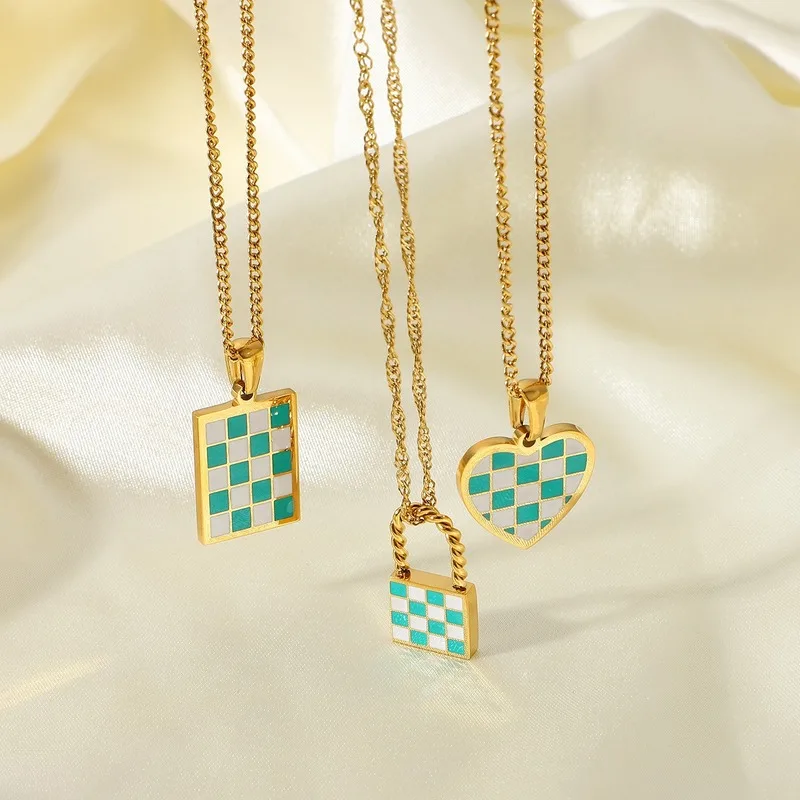 

Gold Plated Trendy Enamel Dripping Oil Checkerboard Necklaces New Charms Stainless Steel Pendants Neckalces for Women Fashion