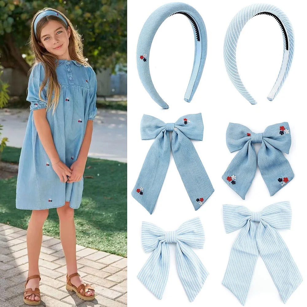 Modny wzór w paski Dziewczęca opaska na głowę Modna opaska do włosów Denim Elegancka kokarda do włosów Akcesoria do włosów Elegancka opaska na głowę z kokardką