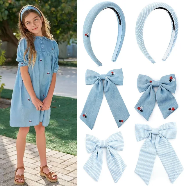 Modny wzór w paski Dziewczęca opaska na głowę Modna opaska do włosów Denim Elegancka kokarda do włosów Akcesoria do włosów Elegancka opaska na głowę z kokardką