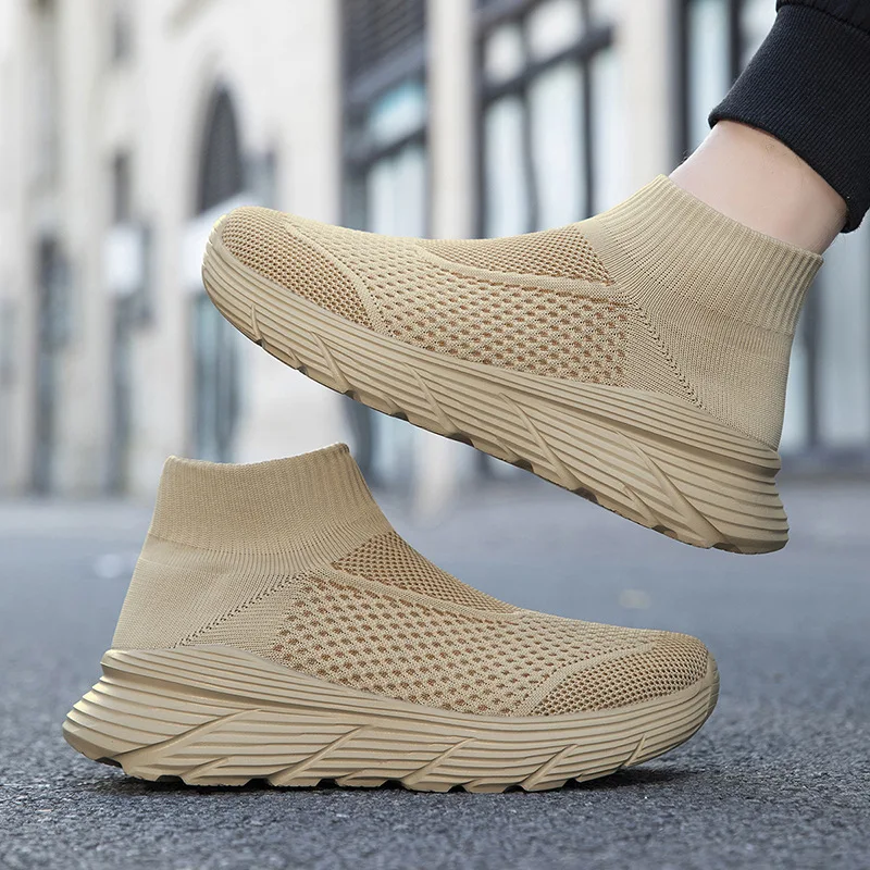 Men Slip‑On Sock Sneakers Breathable Mesh Knit High‑Top Walking Shoes Men's Lightweight Elastic Comfort Casual Running Trainers
