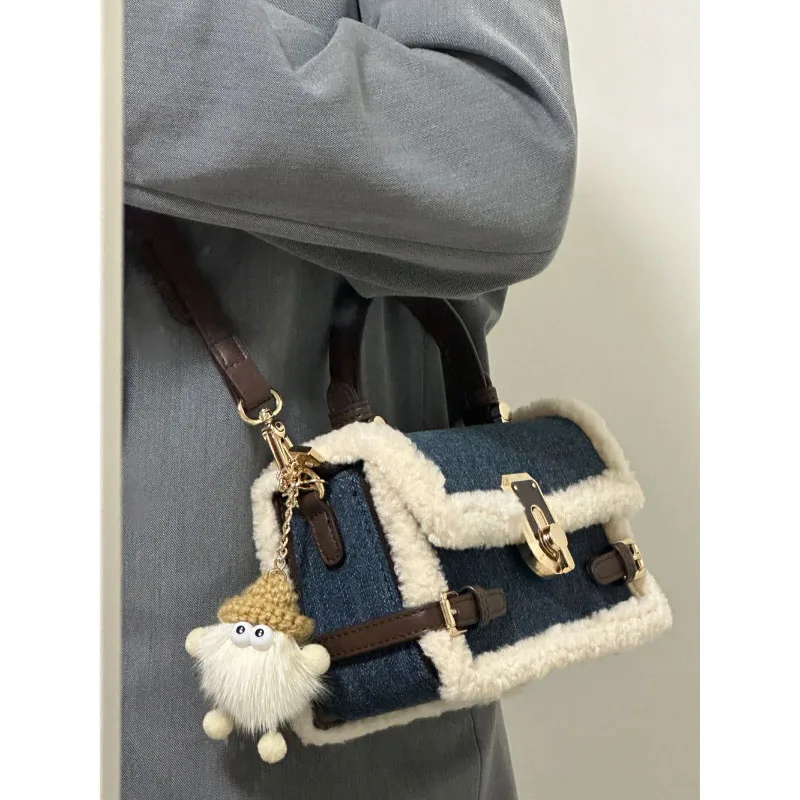 Autumn Winter Denim Lamb Wool Crossbody Bag High-End Design Sense Splice Small Square Bag 2023 New Popular Shoulder Pack Women