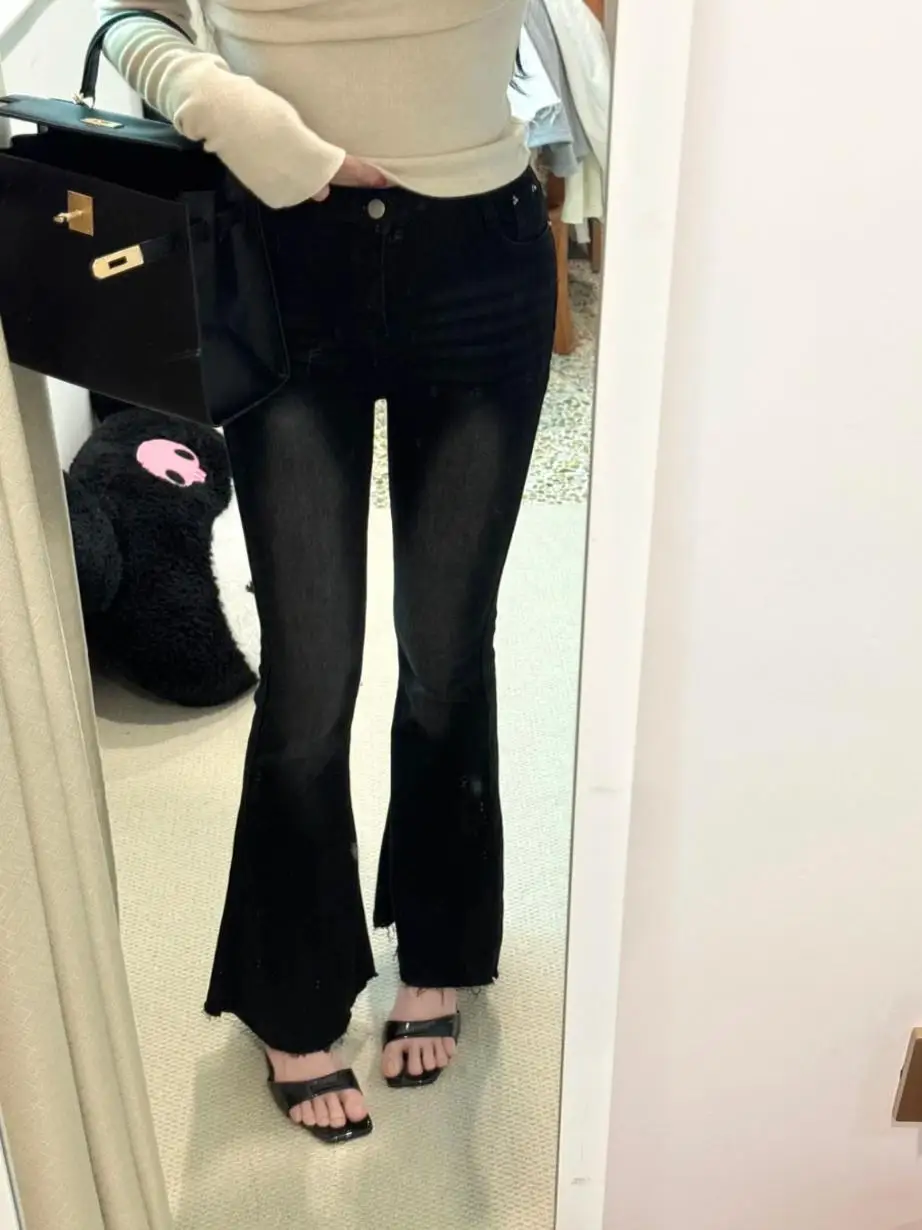 

Женские джинсы с высокой талией, облегающие, расклешенные, длинные брюки, с эластичным поясом, черные, из хлопкового стрейч-денима, весна-осень