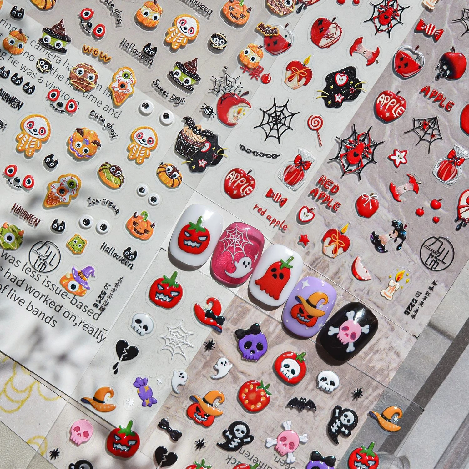 

Spider Red Apple Delicious Food Skeleton Pumpkin Candy Chain Candle Web Witch Hat Bone Tomato Nail Art Stickers Manicure Decals