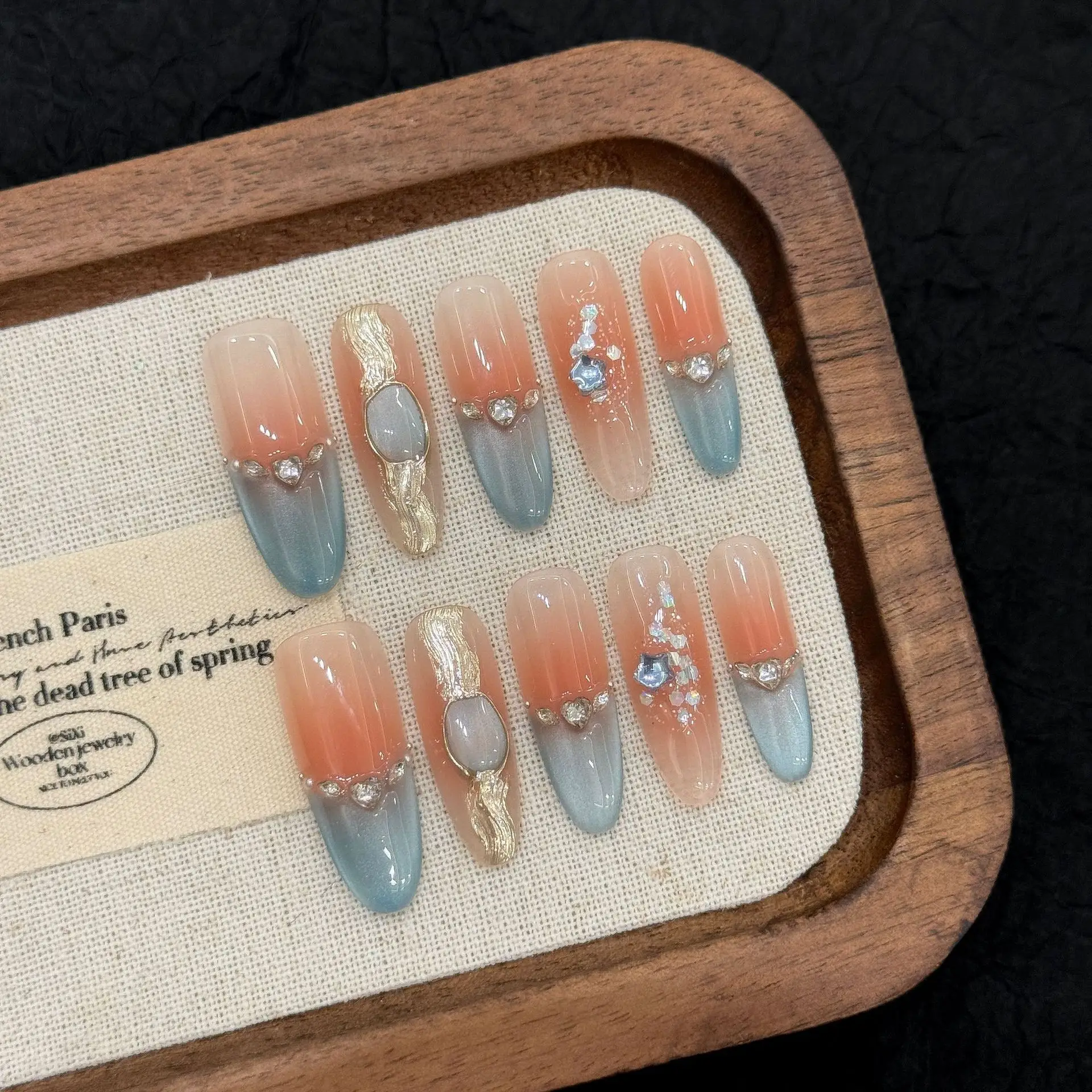 

10pcs Blush Pink Almond Handmade Press On Nails Baroque Blue French Style False Nails Star Rhinestone Sweet Korean Fake Nail