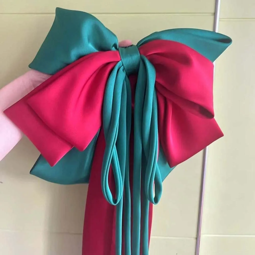Alloy Oversized Bow Hair Clip Sweet Contrast Color Satin Ribbon Headdress 4-layer Printed Christmas Hair Accessory Women