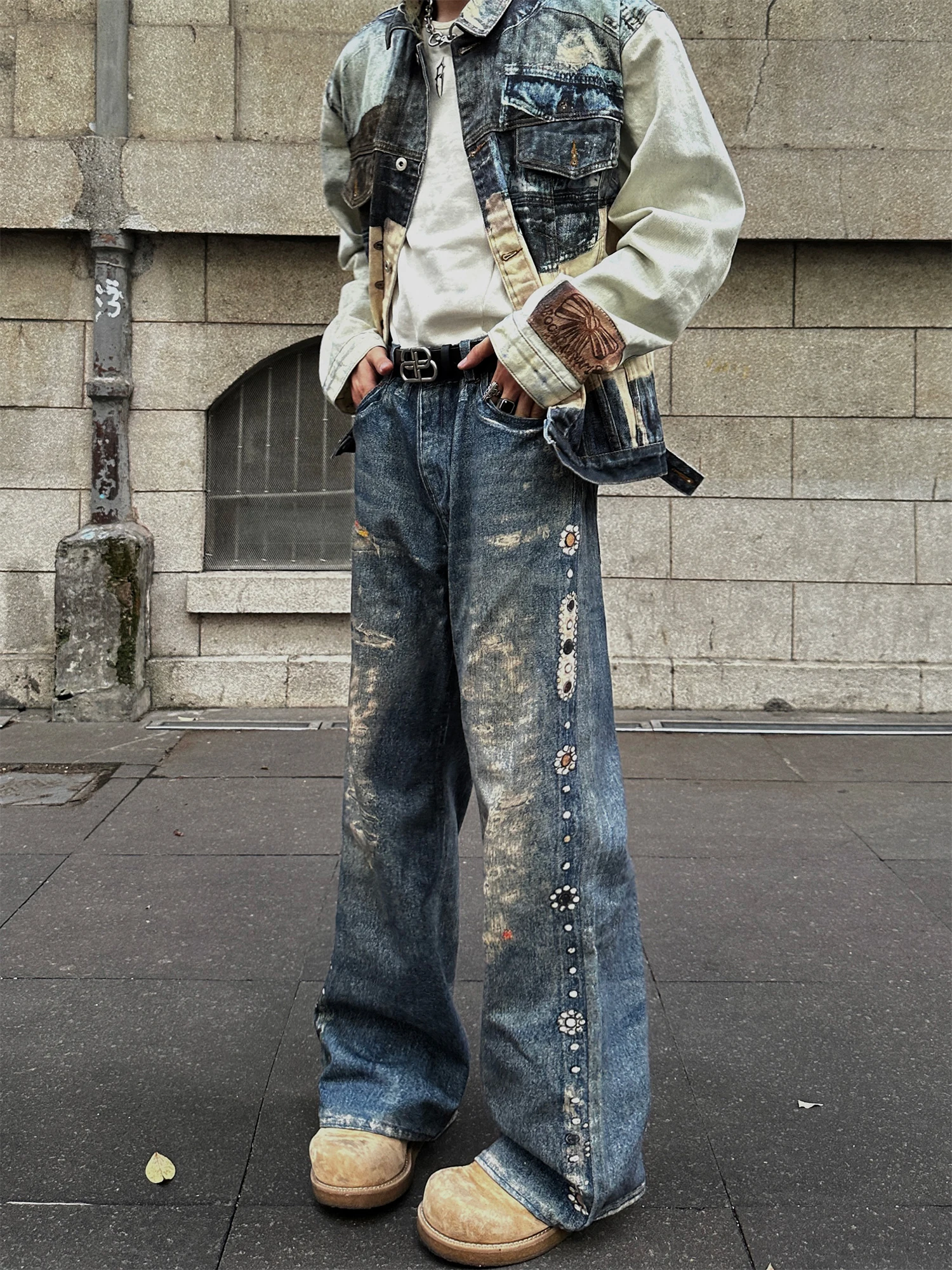 

American Style High Street Cleanfit Faded Digital Print Men's Jeans Vintage Washed Hole Long Pants Youth Trend Straight Tube