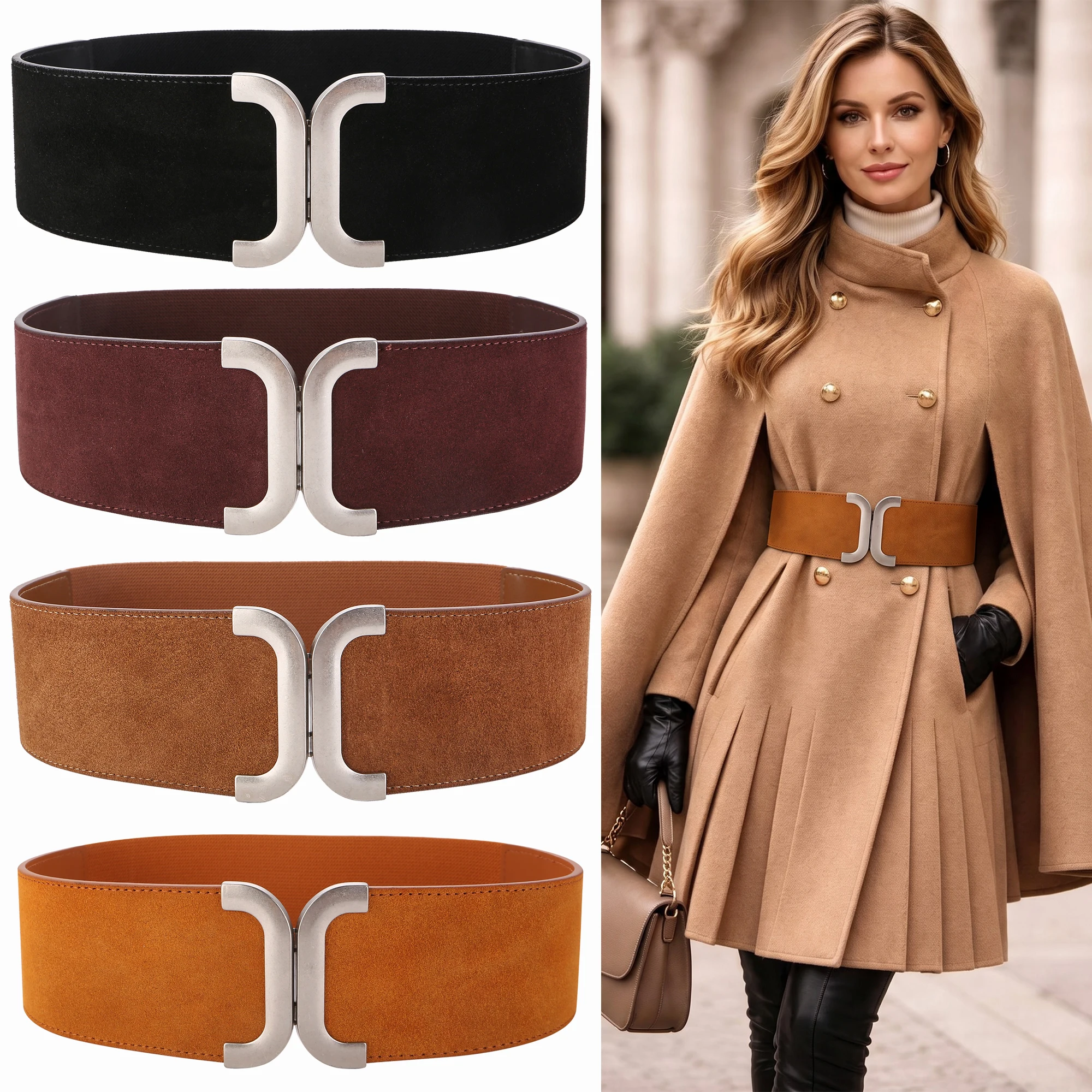 Women Suede Wide Waist Belt Interlock Silver‑Tone Metal Snap Buckle Stretch Decorative Waistband for Dresses Daily Outfit
