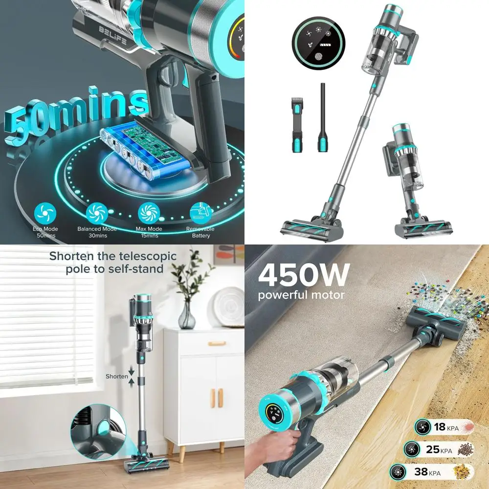 

450W 38Kpa Cordless Stick Vacuum - 50 Min Runtime, 13000 RPM Brushless Motor for Pet Hair & Hardwood Floors