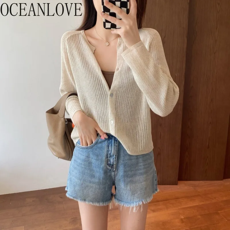 OCEANLOVE Thin Cardigans Solid Spring Autumn Hollow Out Korean Fashion Chic Women Sweaters Transparent Casual Knitwears