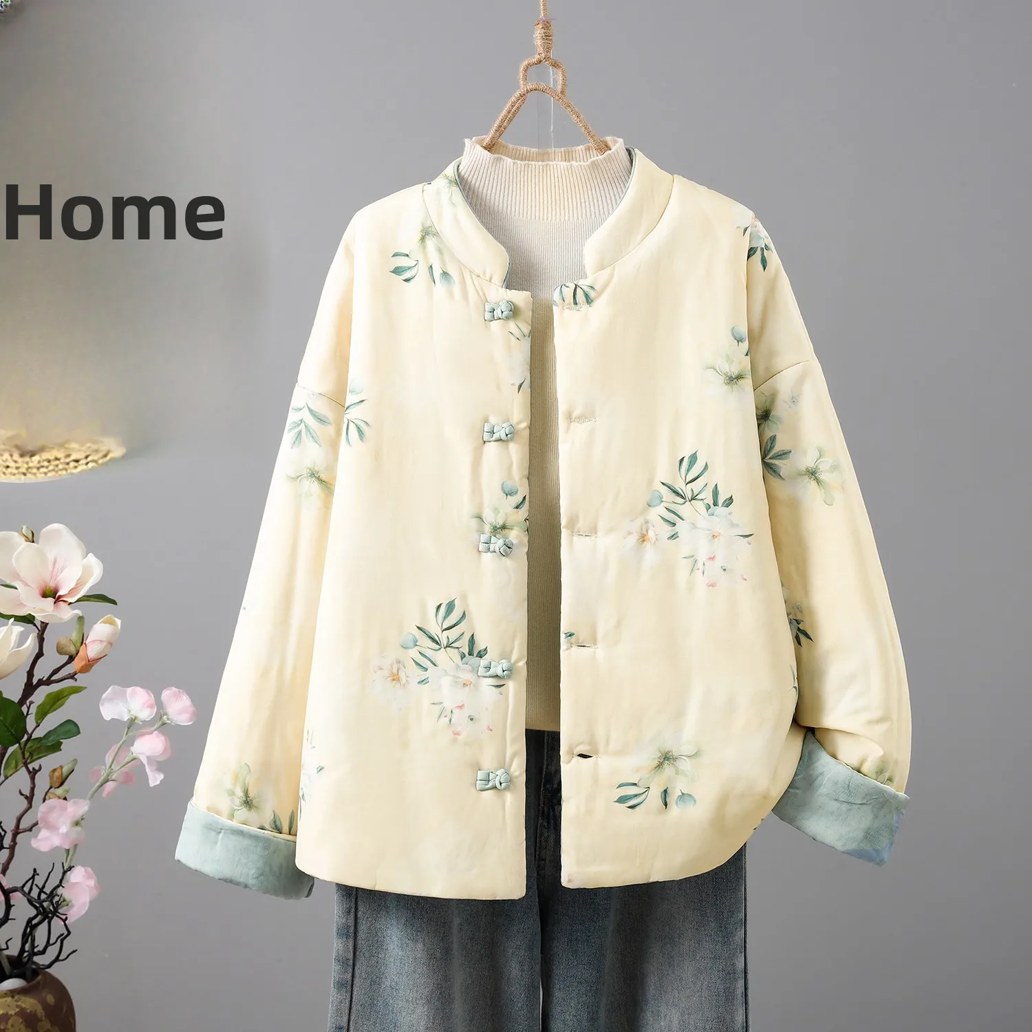 

Retro Chinese Sle Women's Cotton Jaet Warm ort Stand Collar Double-Sided Faionable Anti-Aging Top Coat