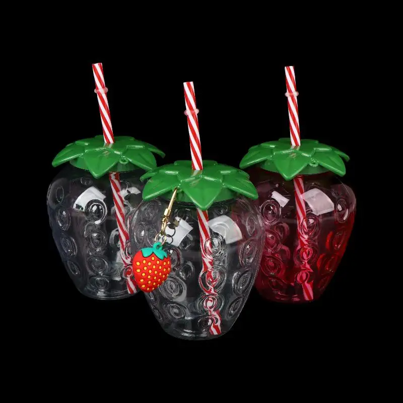 12*10cm Portable Strawberry Shaped Water Bottle with Straw Cute Plastic Cup for Everyday Use