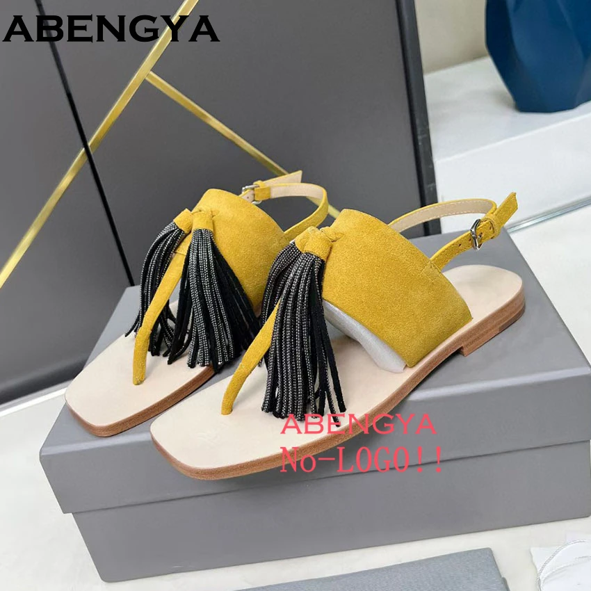 

Summer Suede Leather Beach Sandals Women Holiday Flipflops Flat Shoes For Woman Fringe Decor Sandals Woman