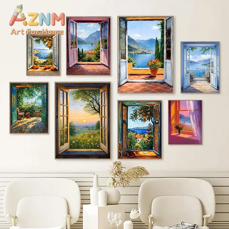 Push Open The Window To See The Scenery Wall Art Poster Natural Landscapes Vintage Oil Painting Prints Home Decor for Bedroom