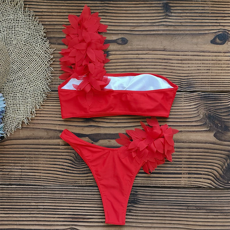 Zestaw seksowne Bikini strój kąpielowy z falbanką czerwony strój kąpielowy na jedno ramię Push Up kostium kąpielowy letnie stroje plażowe