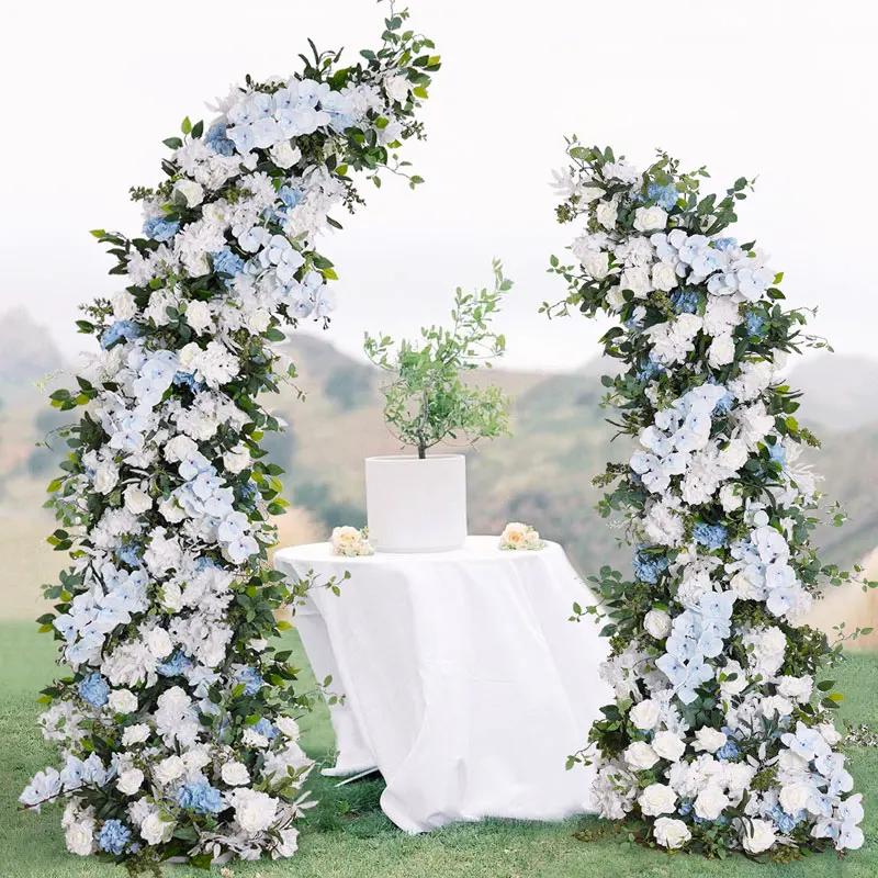 الأزرق الأبيض زهرة صف الزفاف خلفية القرن قوس ديكور الورد السحلية الخضراء أوراق النعناع ترتيب الأزهار الدعائم الطرف A8798