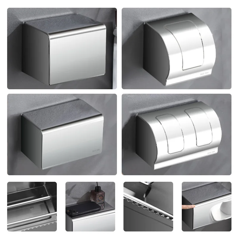 

304 Stainless Steel Bathroom Tissue Box Wall Mounted Toilet Paper Holder Use Draw Tissue Box Storage Rack No Drilling Required