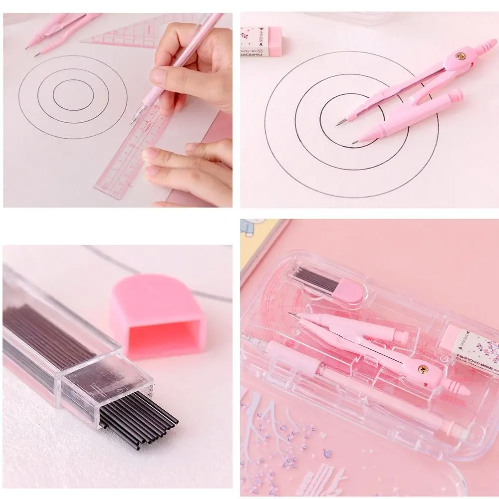 8pcs/set Durable Small Fresh Compasses Set Rubber Multifunction Ruler Kit Protractor Automatic Pencil