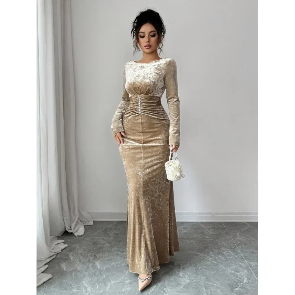 Women Autumn Winter Velvet Maxi Dress Retro Elegant Pearl Decor Long Sleeve Slim Waist Bodycon Long Dress Dating