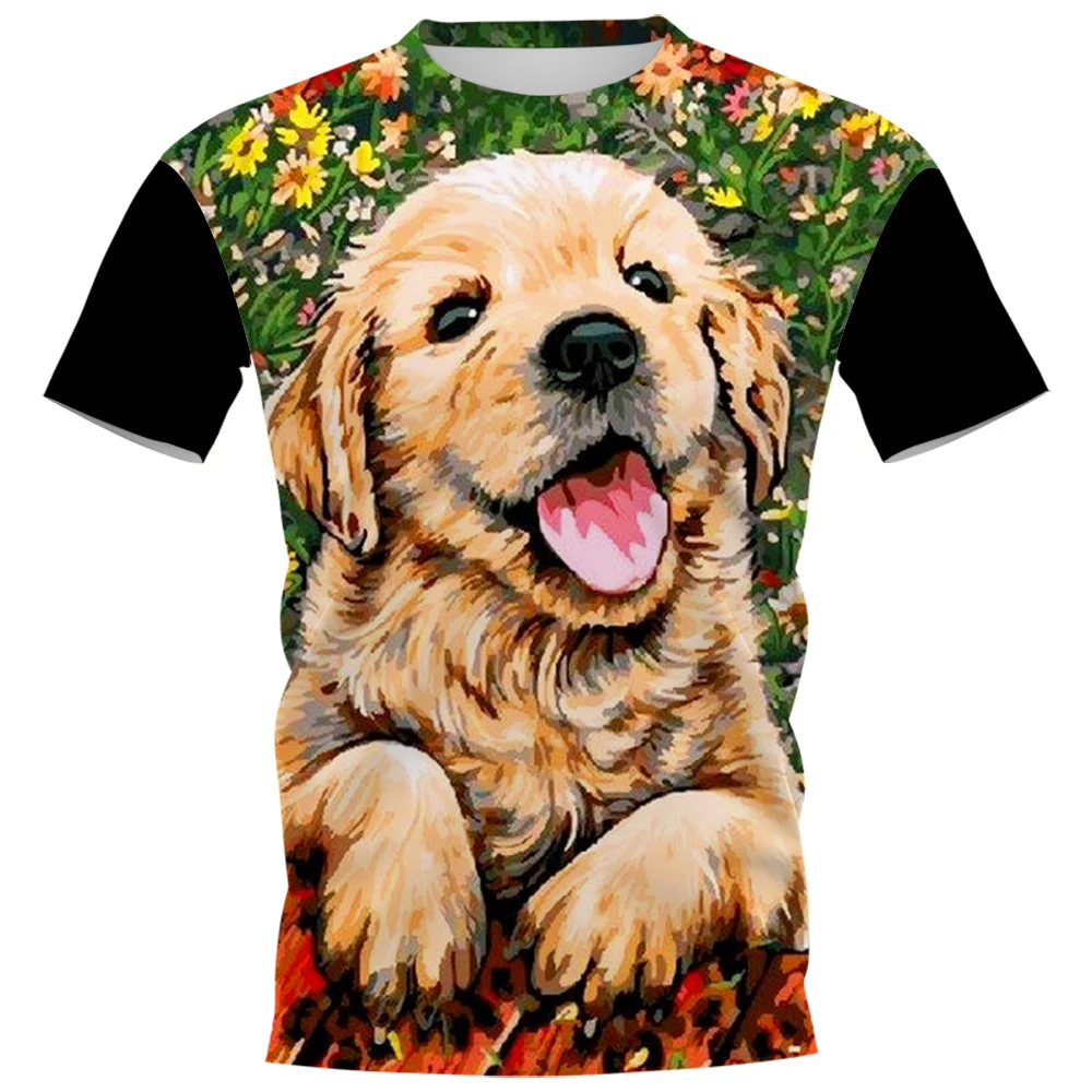 HX Animals T-shirts Yellow Labrador Gouache Art 3D Printed T-shirt Summer Shirts for Men Polyester Casual Tees Hip Hop Tops