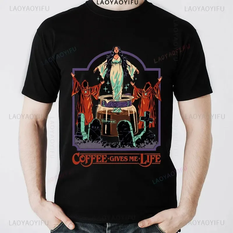 Horror Comic Series Coffee Gives Me Life Men Clothes Cotton T-Shirts Unique Creative Cartoon Women T Shirts Streetwear Tees