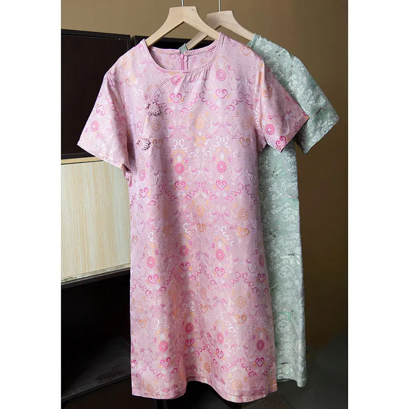 High Quality Double-Sided Different Color Rose New Chinese Style Silk Jacquard Dress Loose Short Sleeve A- line Skirt Summer