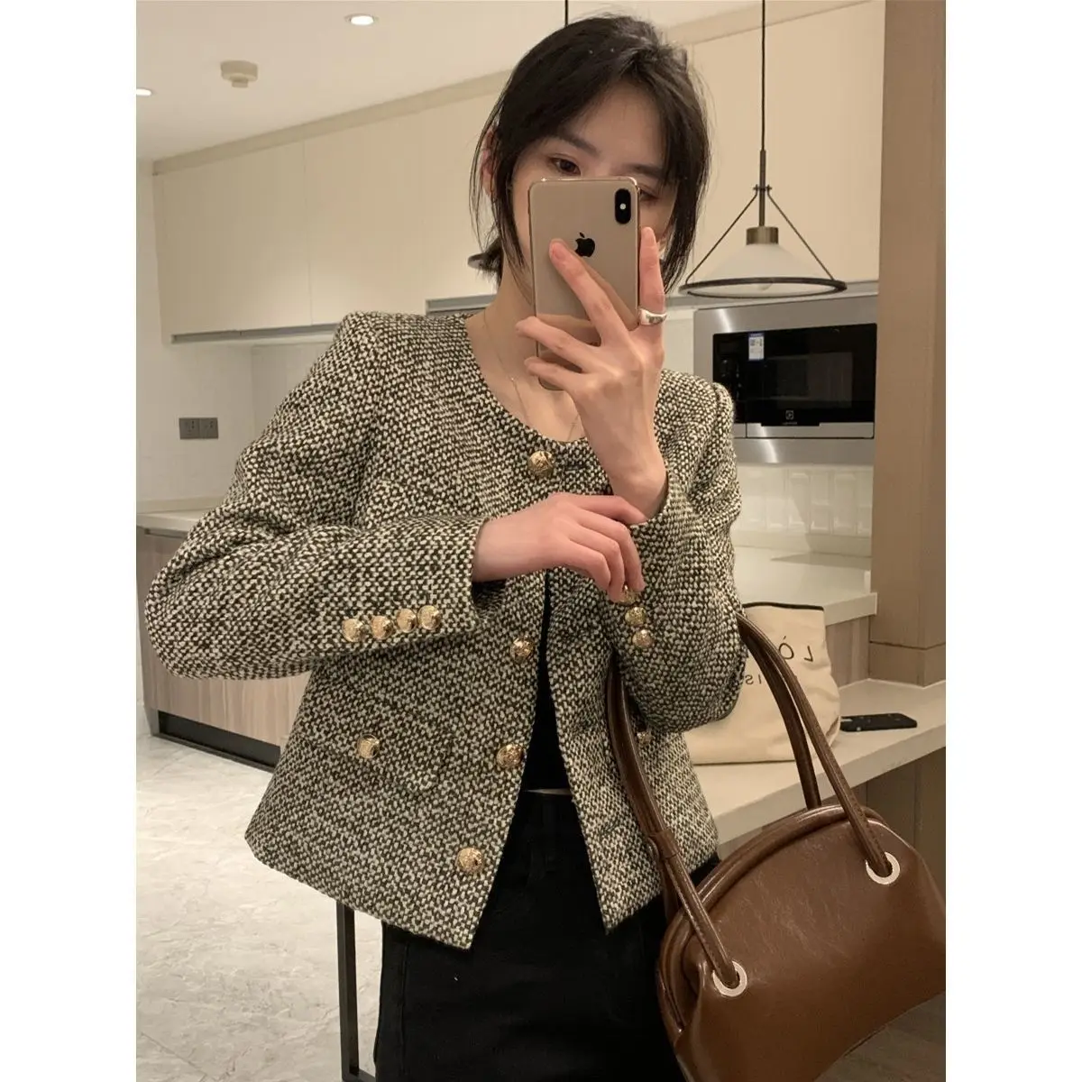 

Vintage Tweed Plaid Jacket Women Plus Size Elegant Slim O-Neck Single Breasted Short Coat Spring Fashion Chic Woolen Outwear Q61