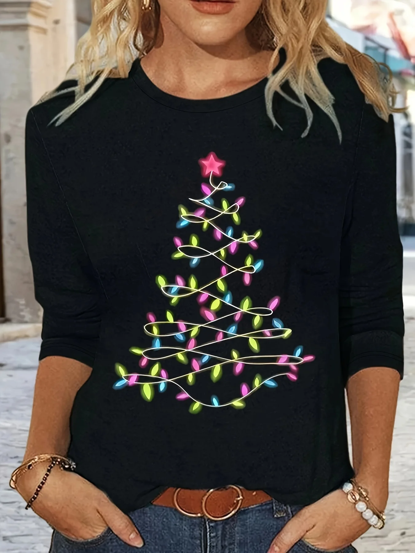 

Женская осенняя модная повседневная свободная футболка из 100% хлопка с рисунком рождественской елки и круглым вырезом с длинными рукавами, топ