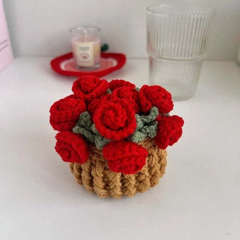 Handmade Crochet Rose Potted Flower Knitted Rose Coaster Hand Woven Yarn Table Decor Cup Mat Tabletop Ornament Valentine Gift