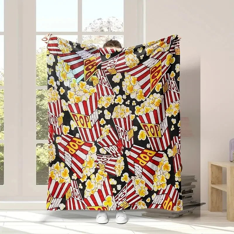 Retro Cinema Popcorn digital-printed polyester Bedroom velvet flannel cover blanket Fleece soft sofa cover blankets for beds