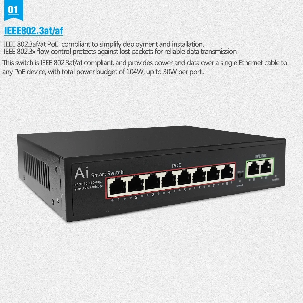 8 100Mbps PoE ports & 2 100Mbps uplink ports 2Gbps IEEE802.3at/af PoE Switch Adapter Max 30W Support POE IP Camera