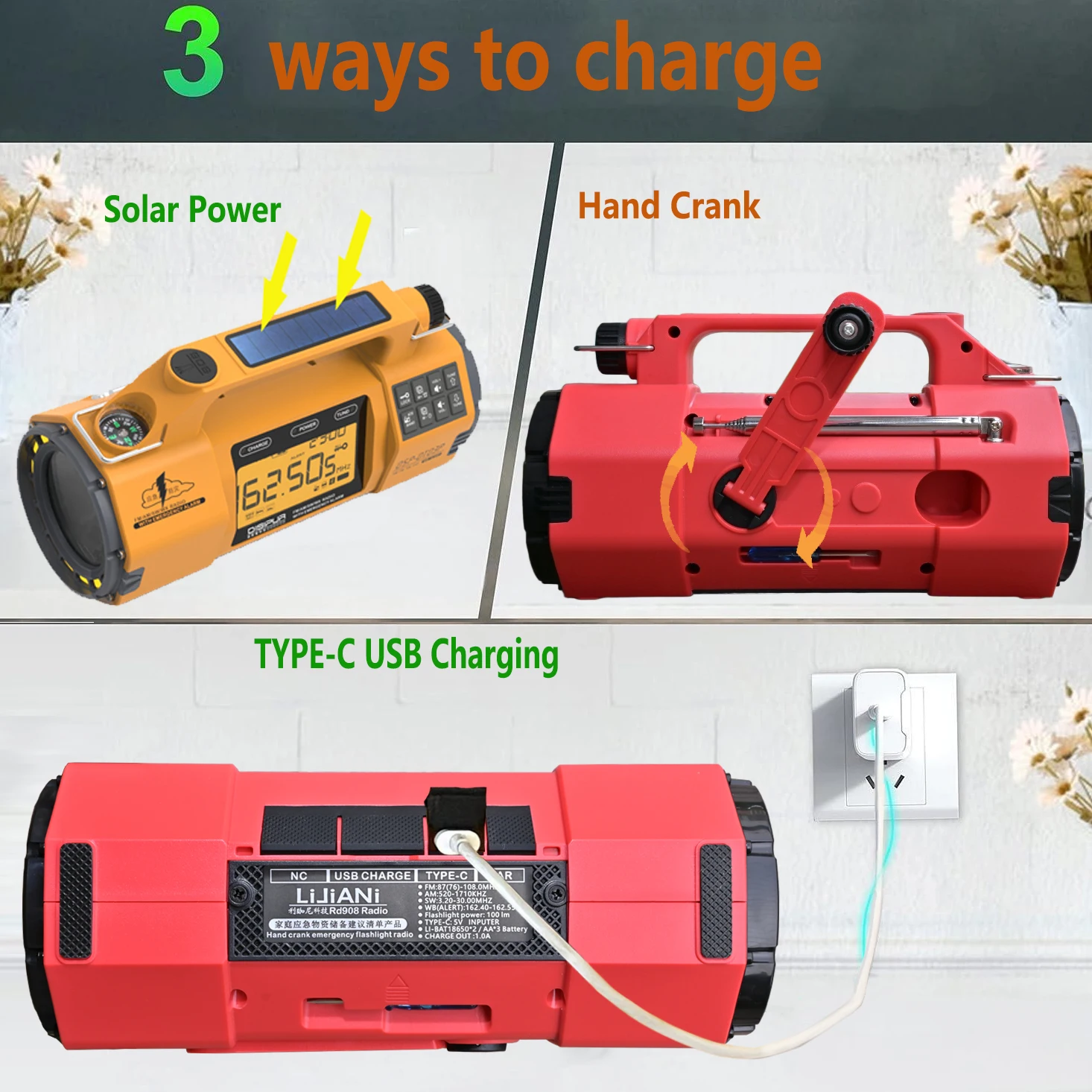 Emergency Radio with AM/FM/SW/WB Four Bands, Hand-cranked Generator, Large Capacity Battery and High Power Flashlight