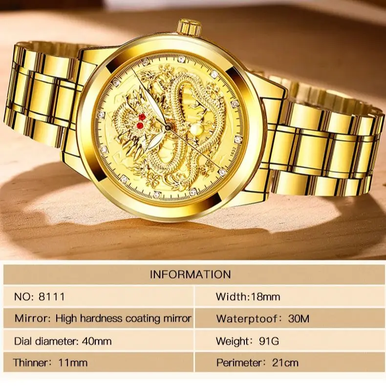 OPK 8111 Luxury Gold Relief Diamond Golden Dragon Men\'s Watch Waterproof Stainless Steel Watch Brand Business Quartz Men\'s Watch