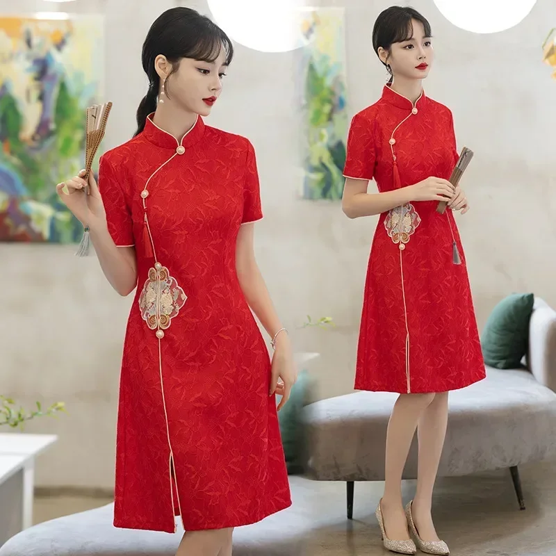 2024 Summer Short Sleeve Red Qipao Traditional Chinese Stage Performance Improved Cheongsam Dress New Year