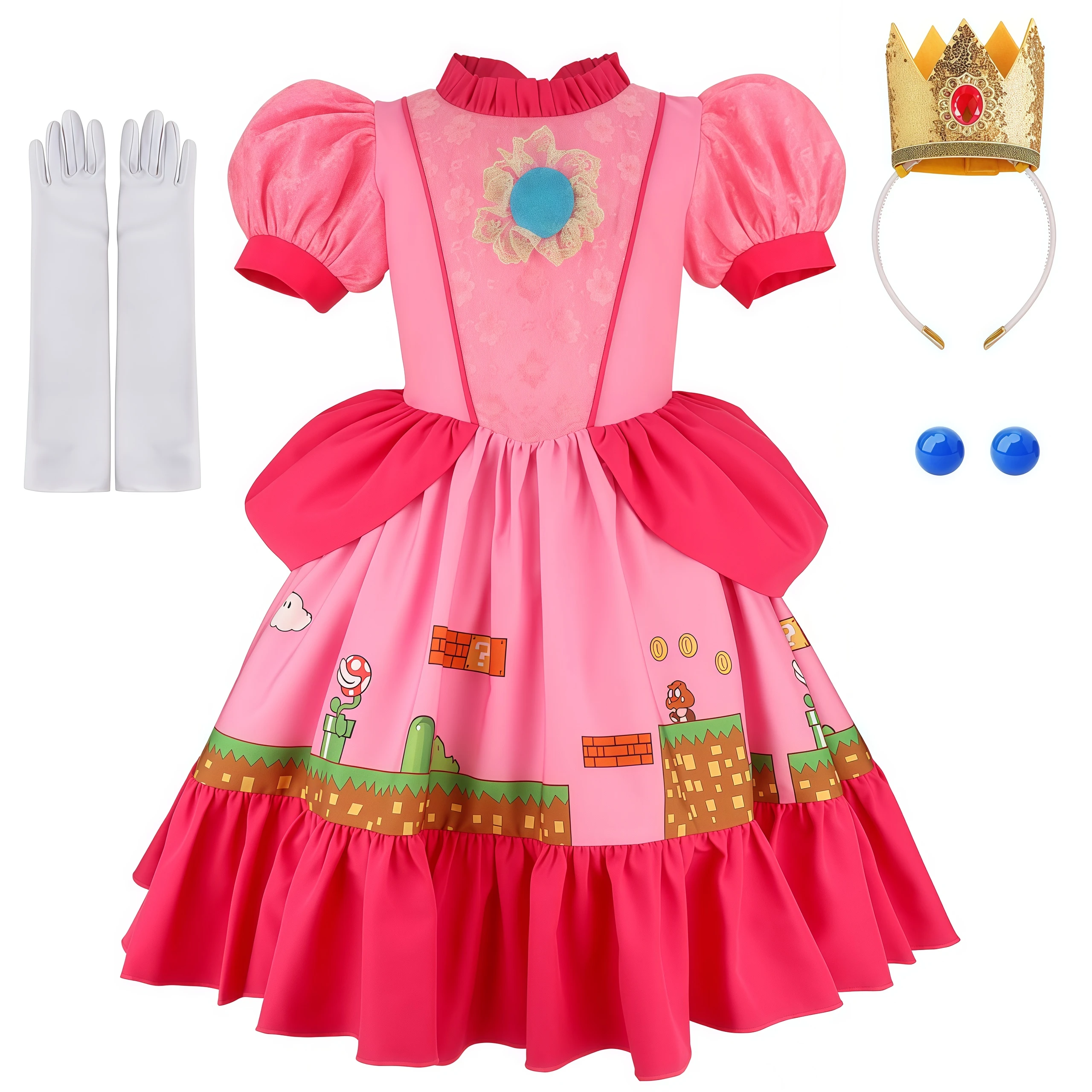 Peach Dress Girls Cartoon Cosplay Children Halloween Outfits Summer Birthday Party Carnival Princess Stage Performance Dress Up