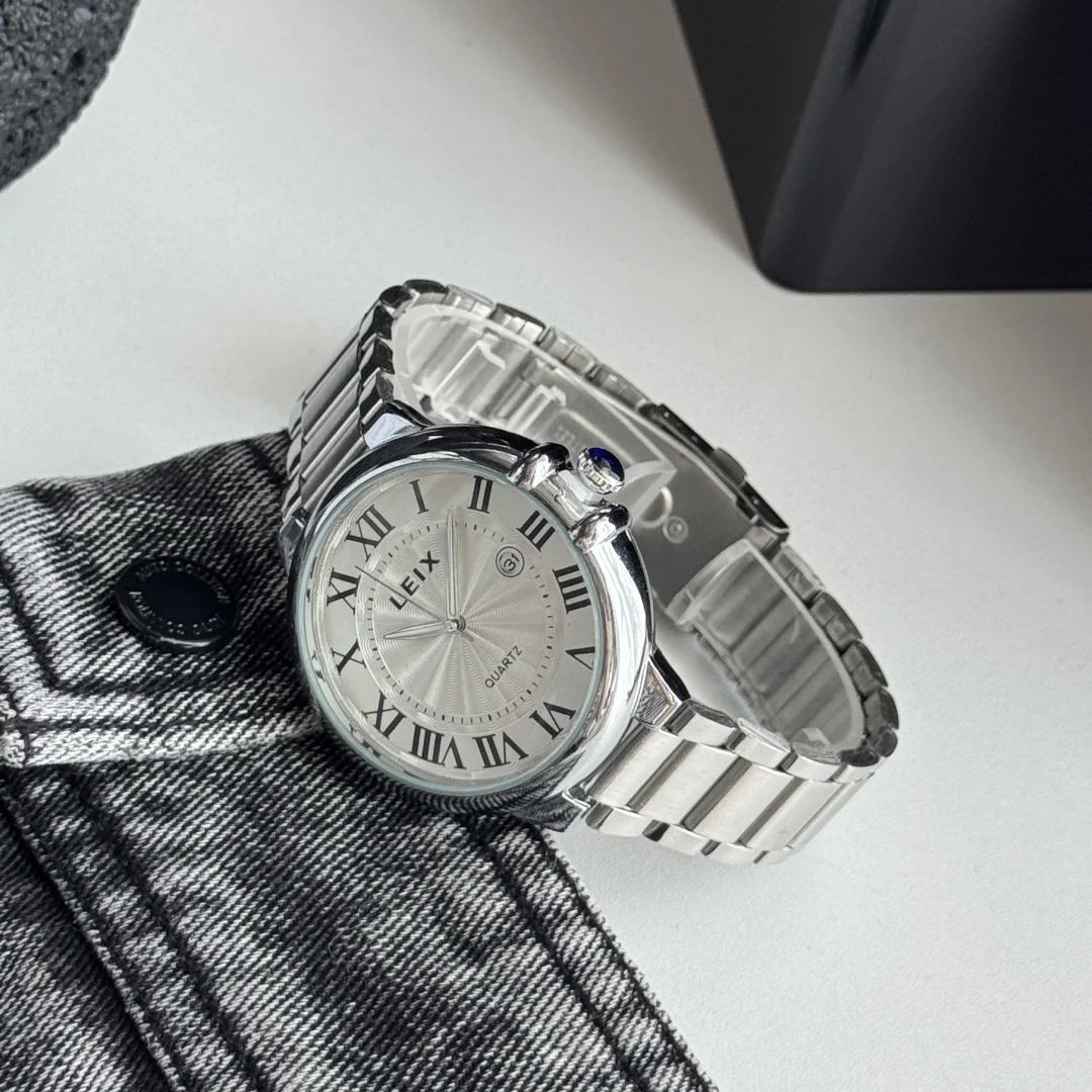 Elegant Men's Watches Roman Scale Analog Quartz Watch For Men Stainless Steel Silver Calendar Wristwatch Gifts Clock Montre