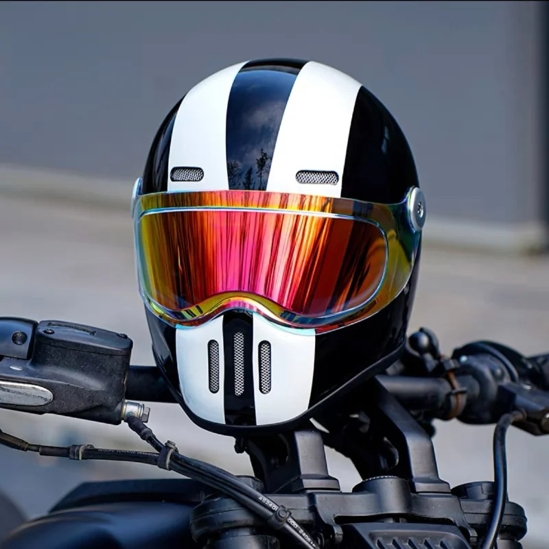 2024 Black White Line Vintage Motorcycle Helmet Full Face Capacete Lens Removable Black Lens Racing Men Women Four Season