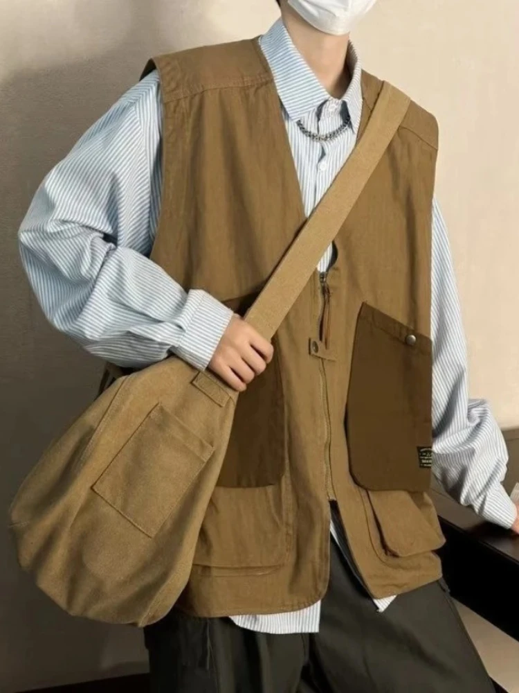 

Ins Style Color Blocked Loose Cargo Vest Retro Japanese Tactical Vest for Men Women Functional Layering Outerwear