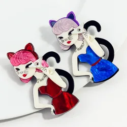 Cute Blue Red Cat Lady Acrylic Brooches Woman New Cartoon Cat Female Figure Brooch Badges Pins Female Jewelry Casual Accessories